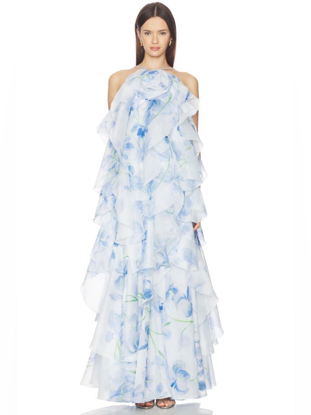 Aje Blue Print Pandorea Halter Tiered Open Back Maxi Dress Gown AU6/US2 NWT